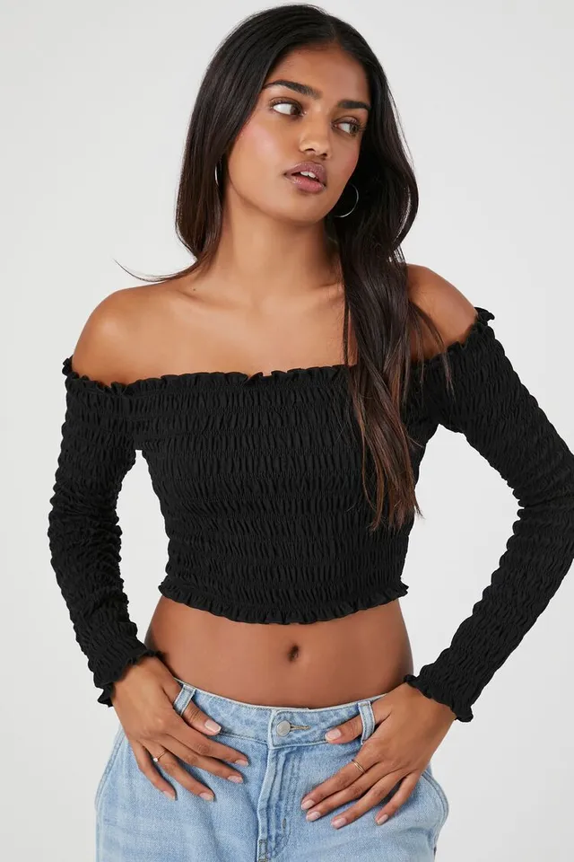 Forever 21 Women's Smocked Off-the-Shoulder Crop Top | MainPlace Mall