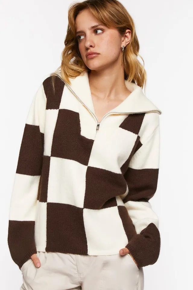 Forever 21 Women s Colorblock Checkered Half Zip Sweater Cream