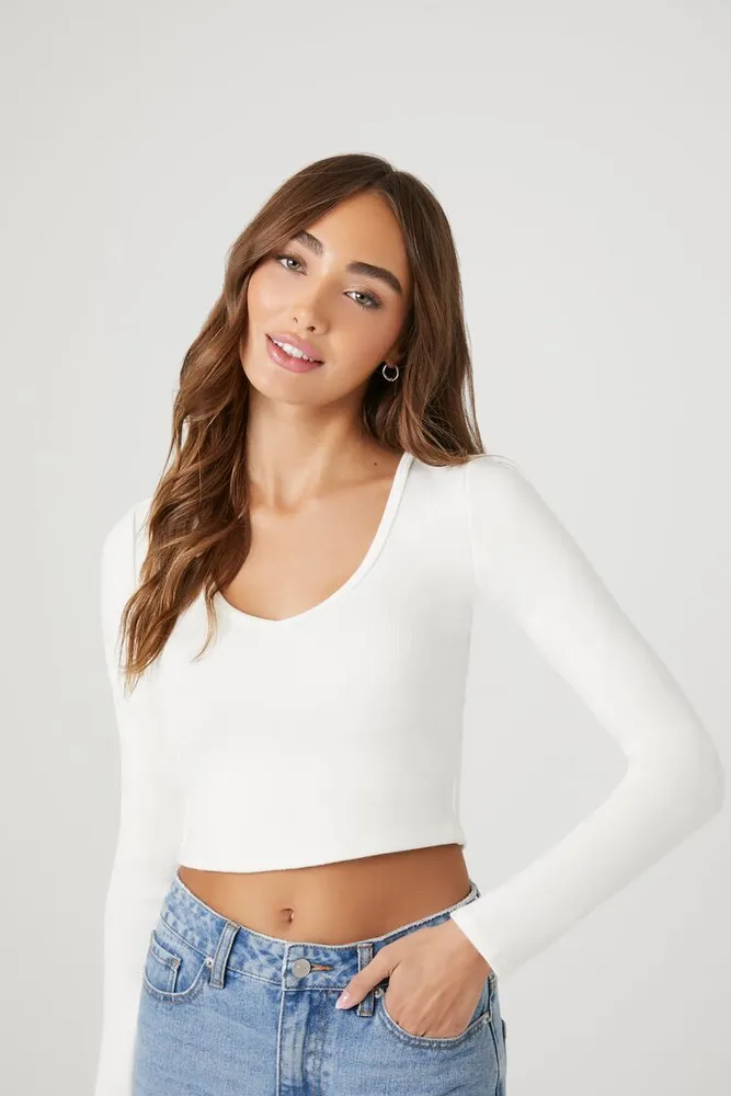 Forever 21 Women's Fitted V-Neck Crop Top in Vanilla, XL