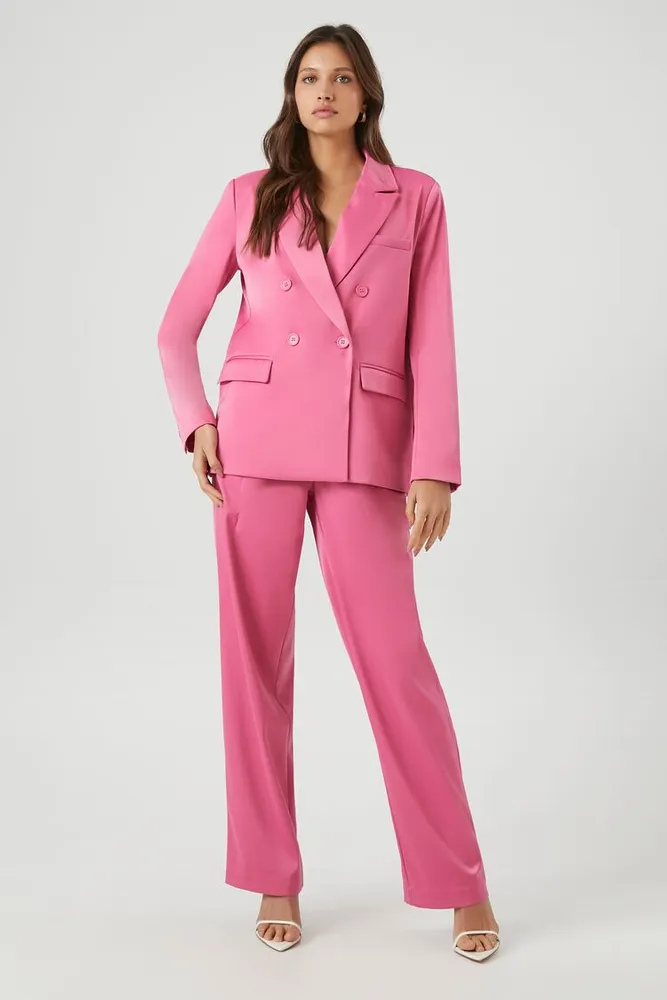 Forever 21 Women s Satin Blazer Straight Pants Set in Hot Pink