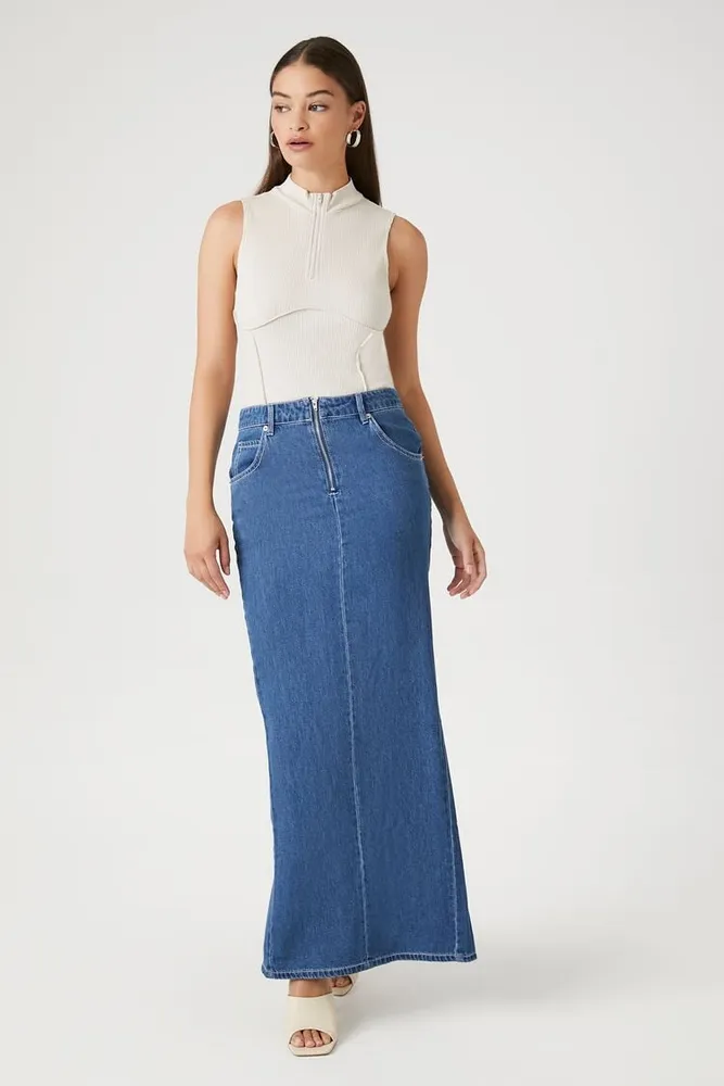 Forever 21 Women s Denim Zip Front Slit Midi Skirt in Medium Denim