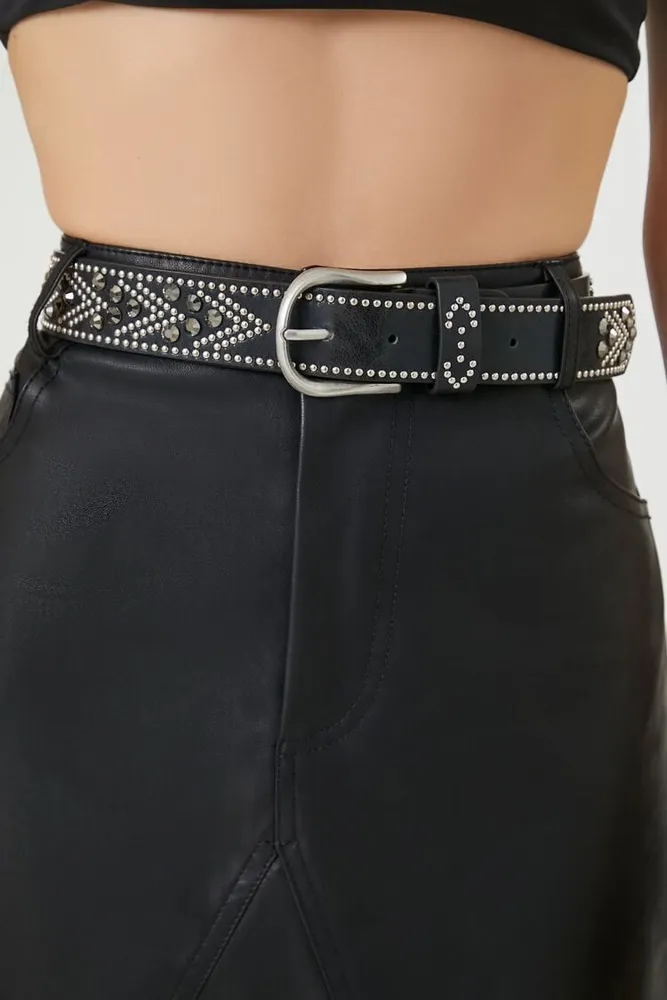 Forever 21 Studded Rhinestone Faux Leather Belt Black Silver