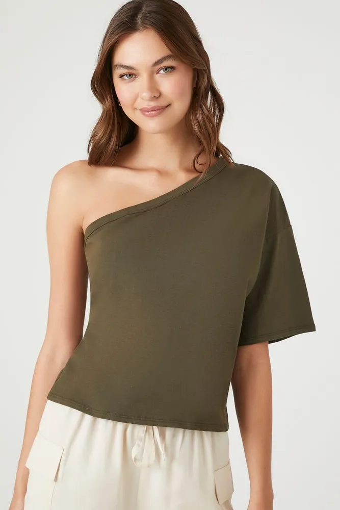 Forever 21 Women s One Shoulder Top in Olive Medium CoolSprings