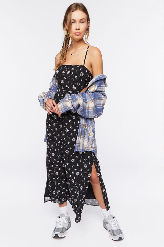 Forever 21 Women s Cutout Chiffon Floral Midi Dress in Black Large