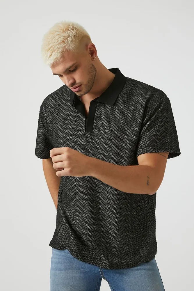 Forever 21 Men Chevron Print Polo Shirt in Black XL CoolSprings