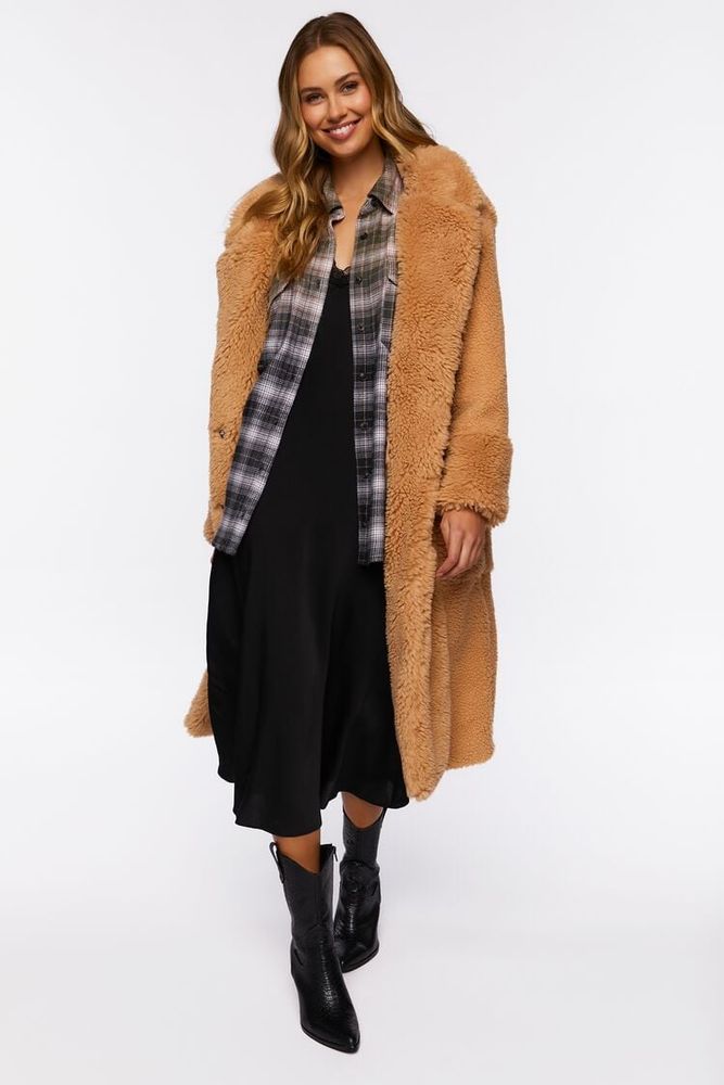 Forever 21 Women s Quilted Faux Shearling Duster Coat in Tan Large