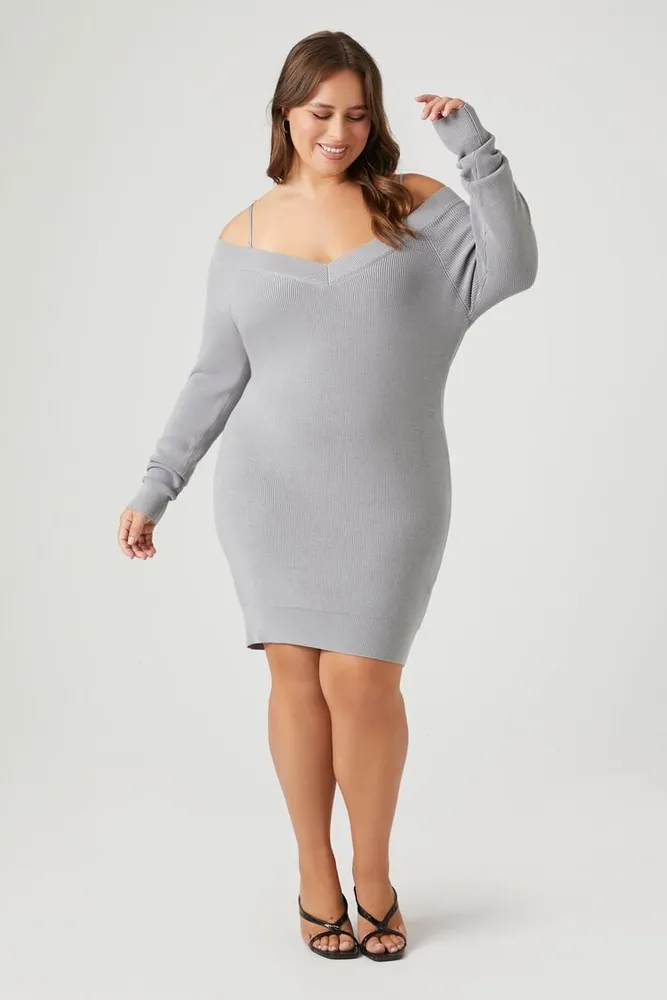Forever 21 Women s Open Shoulder Mini Sweater Dress in Harbor Grey