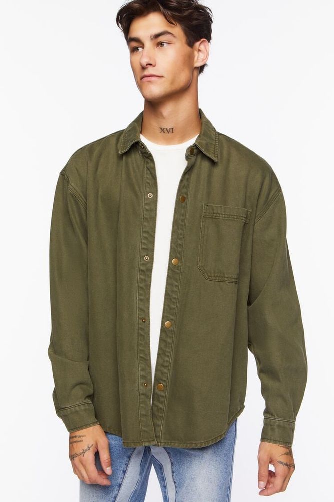 Forever 21 Men Drop Sleeve Snap Button Shirt in Olive XXL