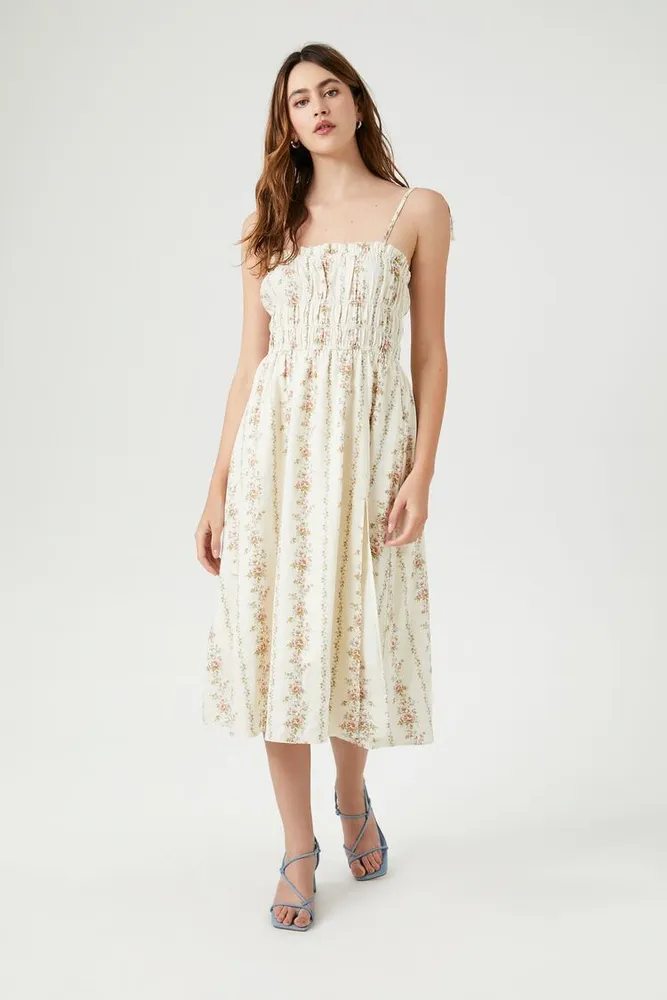 Forever 21 Women s Floral Print Smocked Midi Dress in Ivory Medium