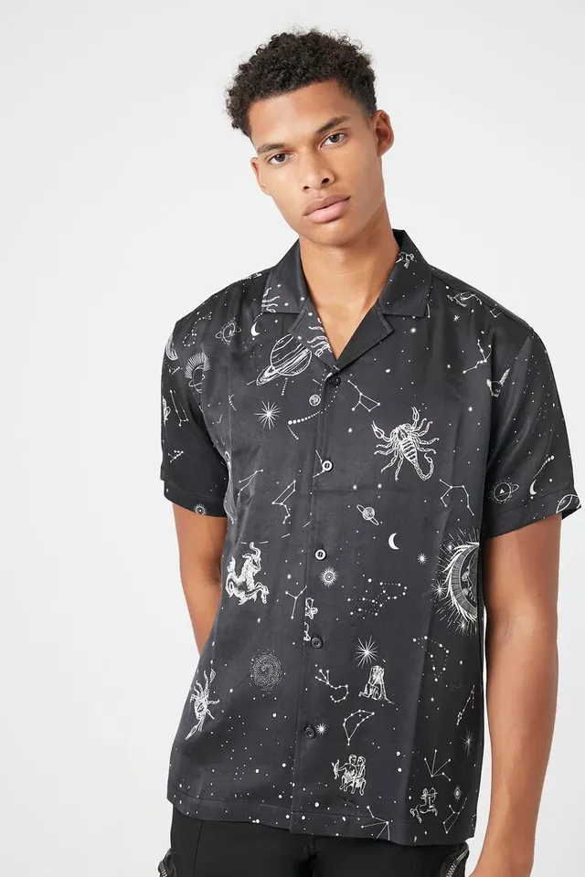 Forever 21 Men Satin Constellation Graphic Shirt in Black Large