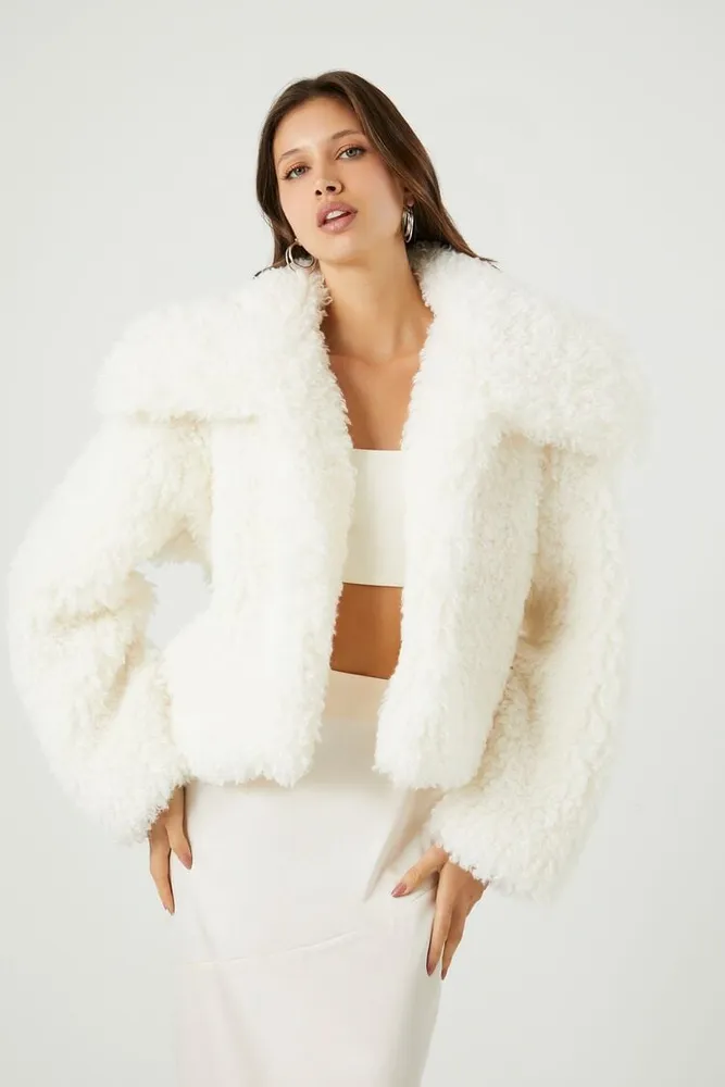 Forever 21 Women s Faux Fur Open Front Coat in White Large