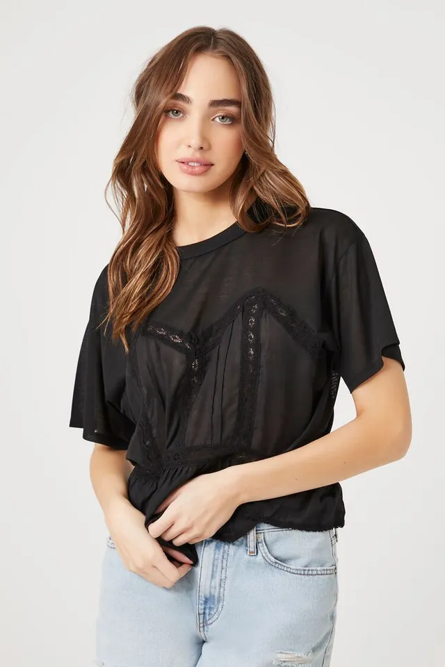 Forever 21 Women's Lace-Trim Bustier T-Shirt in Black Small