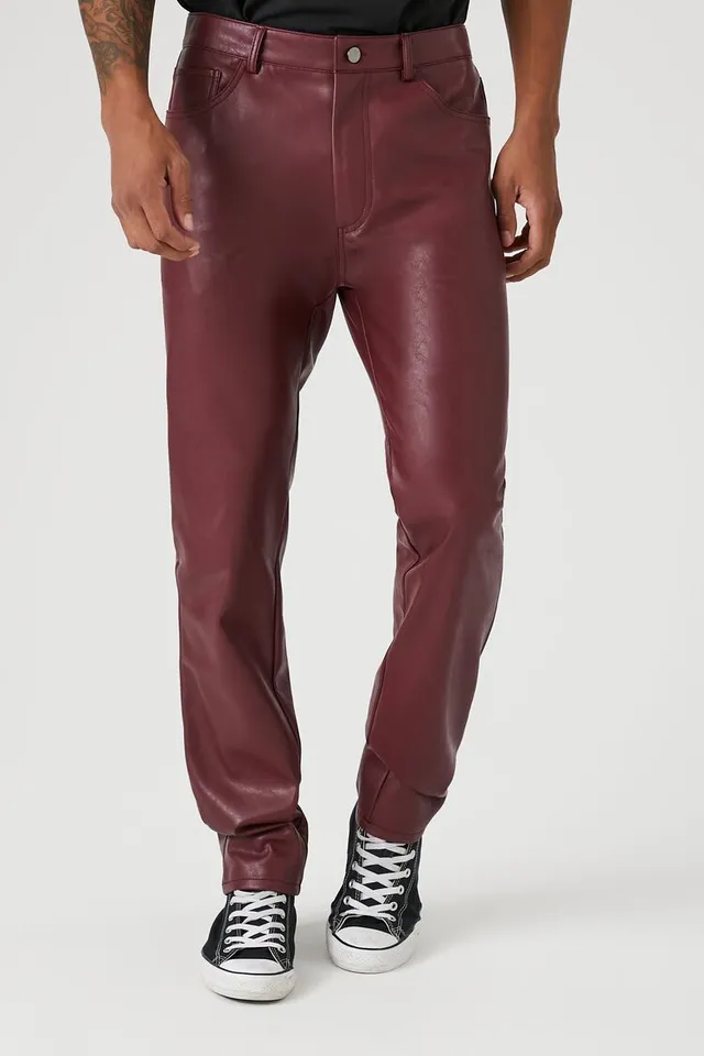 Burgundy leather hot sale pants mens