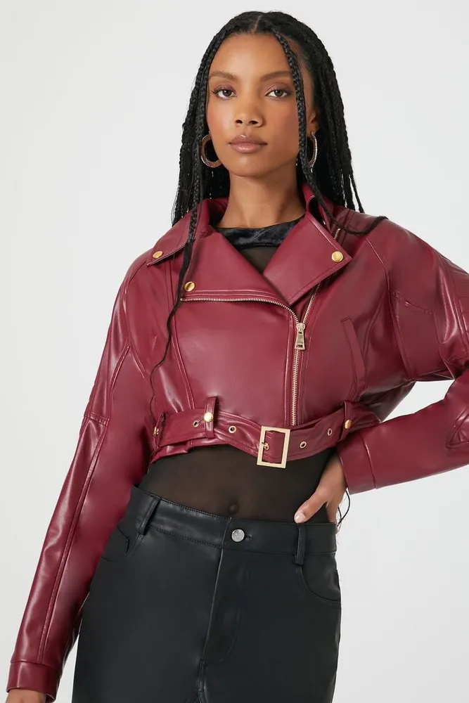 Forever 21 Women s Cropped Faux Leather Moto Jacket in Burgundy