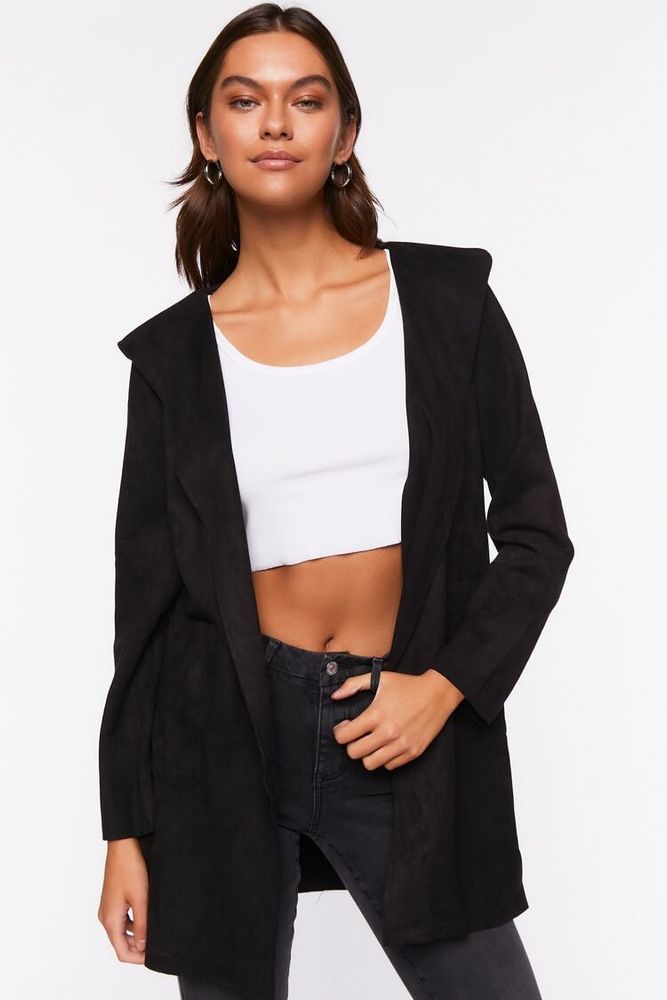 Forever 21 Women s Faux Suede Hooded Longline Jacket in Black