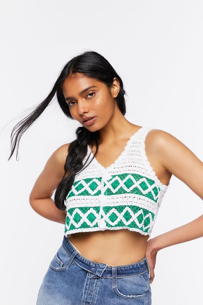 Forever 21 Women s Sweater Knit Crochet Crop Top Ivory Green