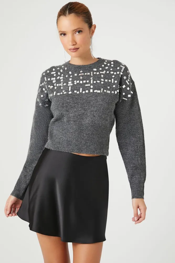 Forever 21 Women s Faux Gem Longline Sweater in Grey Silver XS
