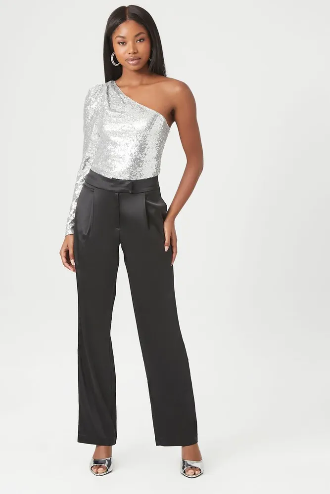 Forever 21 Women s Satin High Rise Straight Pants in Black Medium