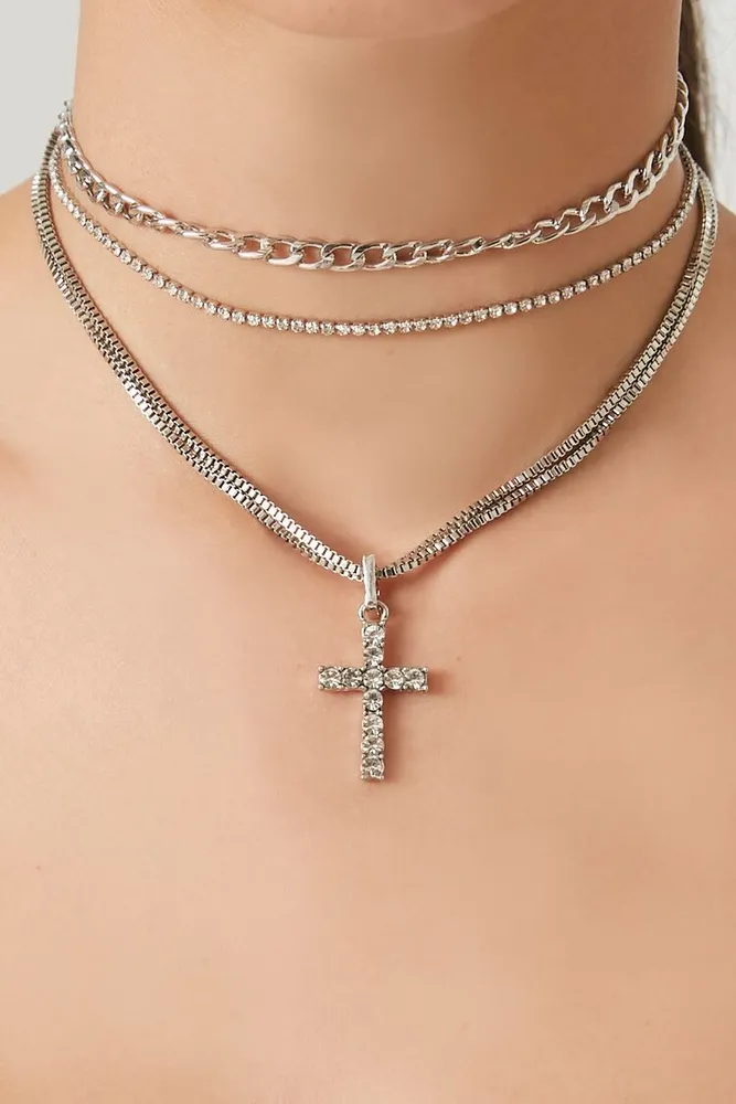 Forever 21 Women s Layered Cross Choker Necklace in Clear Silver