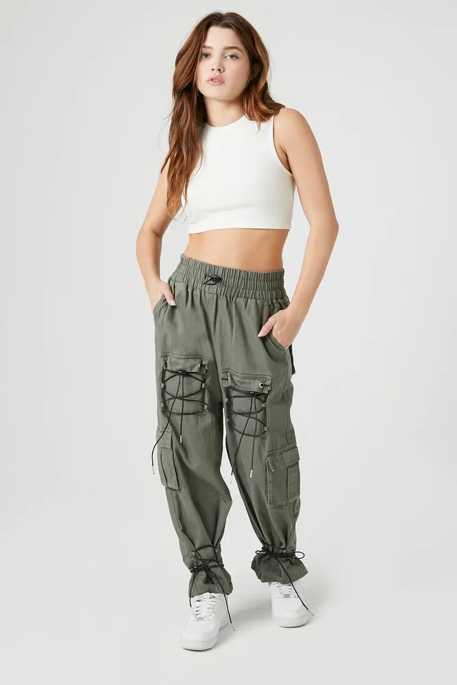 Forever 21 Women s Lace Up Toggle Joggers in Olive Black Large