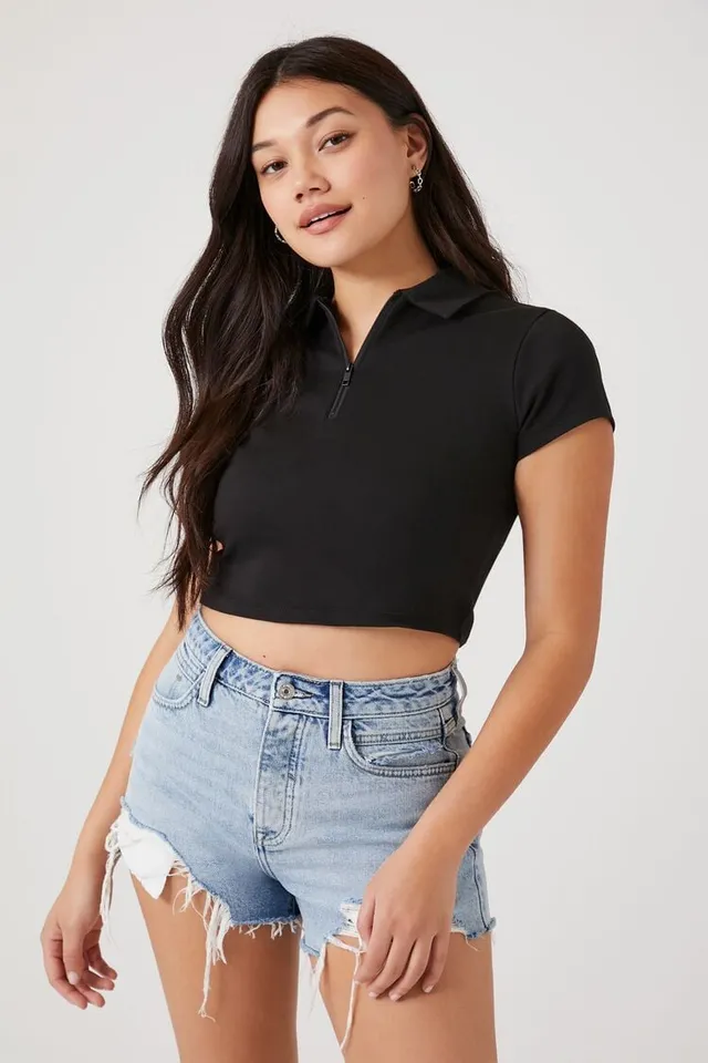 トップス th products Half Zip S/S Polo / black Forever 21 Women's Cropped Half-Zip Polo Shirt in Black Small