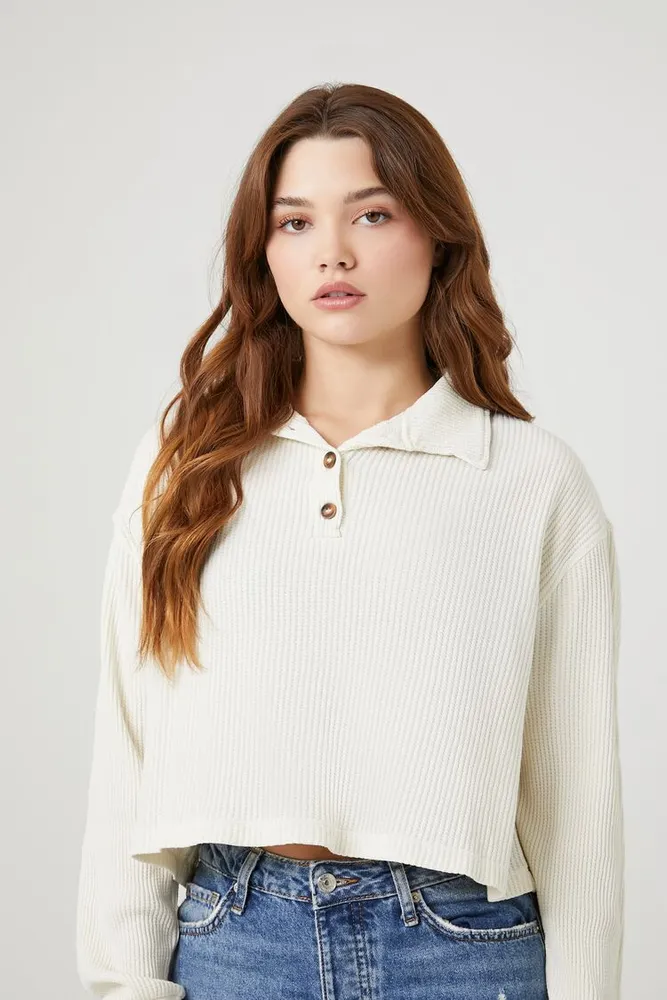 Forever 21 Women s Cropped Thermal Henley Top in Cream Large