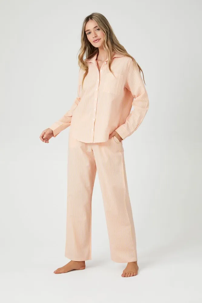 Forever 21 Women s Pinstriped Cotton Pajama Pants in Apricot Small
