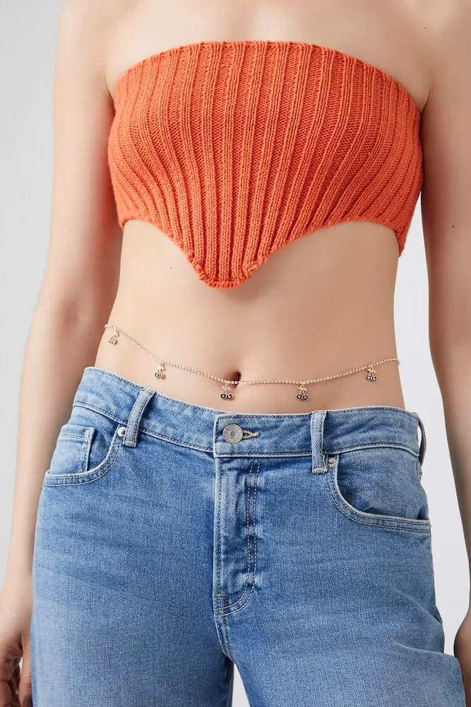 Forever 21 Women s Rhinestone Cherry Charm Belly Chain in Gold
