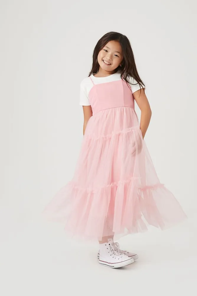 Forever 21 Girls Tiered Mesh Cami Dress Kids in Rosewater 11 12