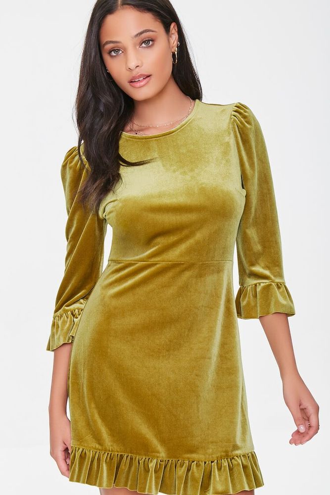 Forever 21 Women s Velvet Flounce Mini Dress in Gold Medium