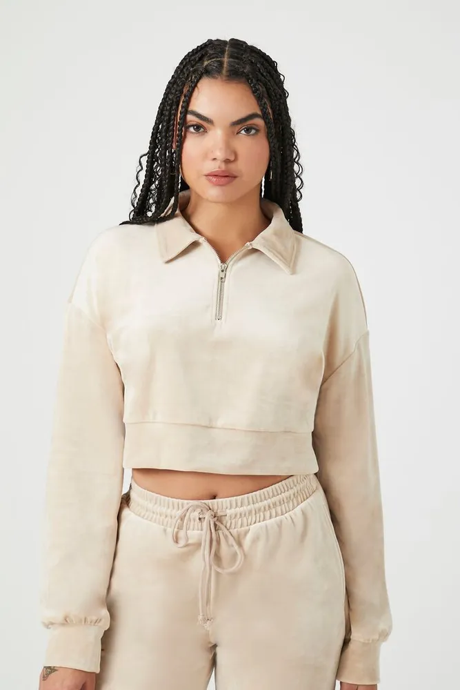 Forever 21 Women s Velvet Half Zip Pullover in Pine Bark Large
