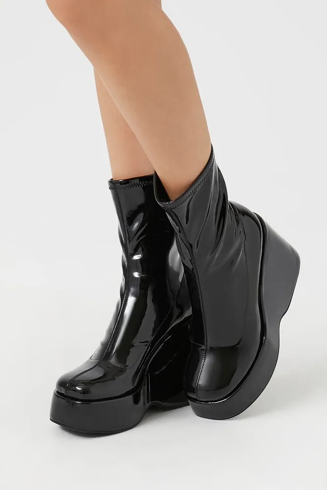Forever 21 Women s Faux Patent Leather Wedge Booties in Black 7