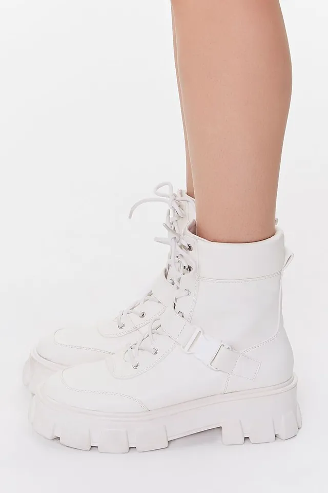 Forever 21 Women s Buckle Faux Leather Booties in White 7