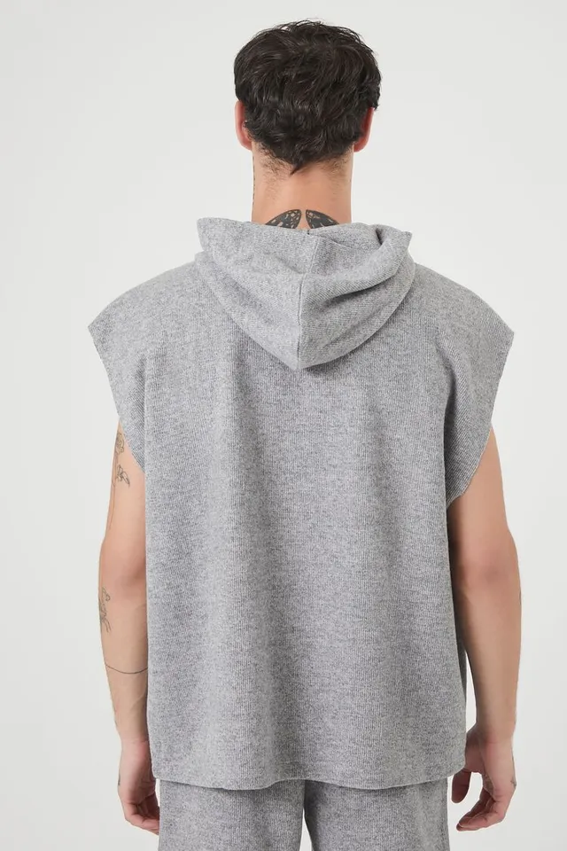 Forever 21 Men Oversized Ribbed Knit Sleeveless Hoodie Dark Grey