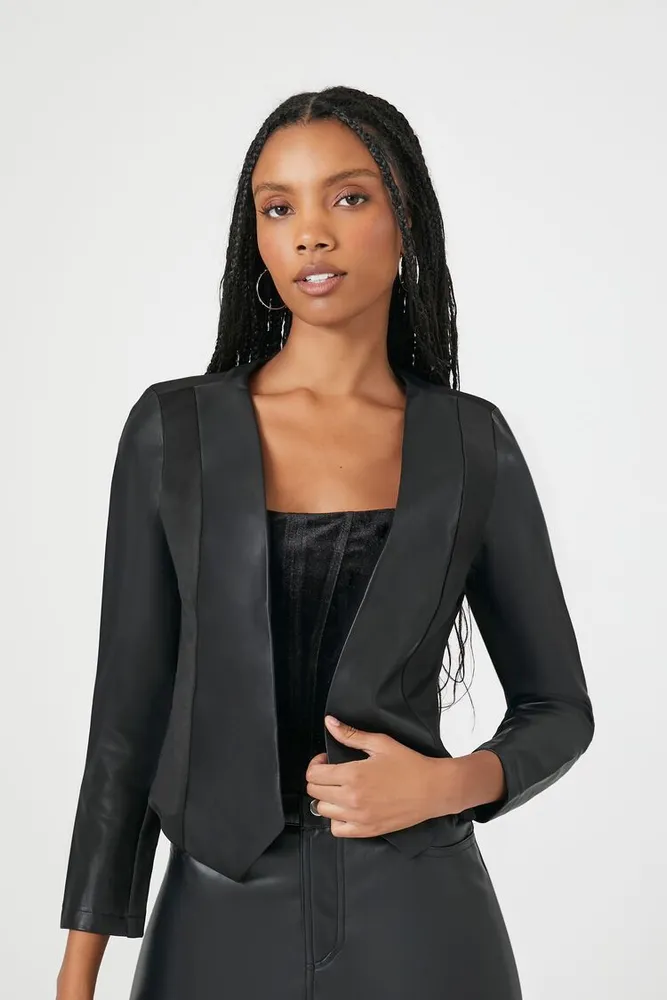 Forever 21 Women s Faux Leather Cropped Blazer in Black Medium