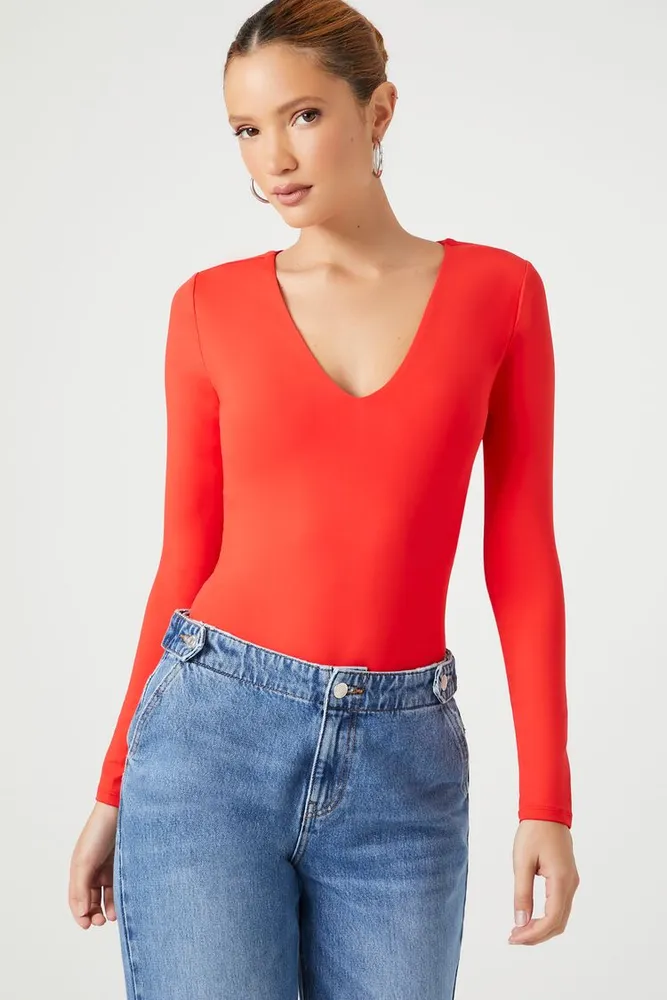 Forever 21 Women s Jersey V Neck Bodysuit in Fiery Red XXL