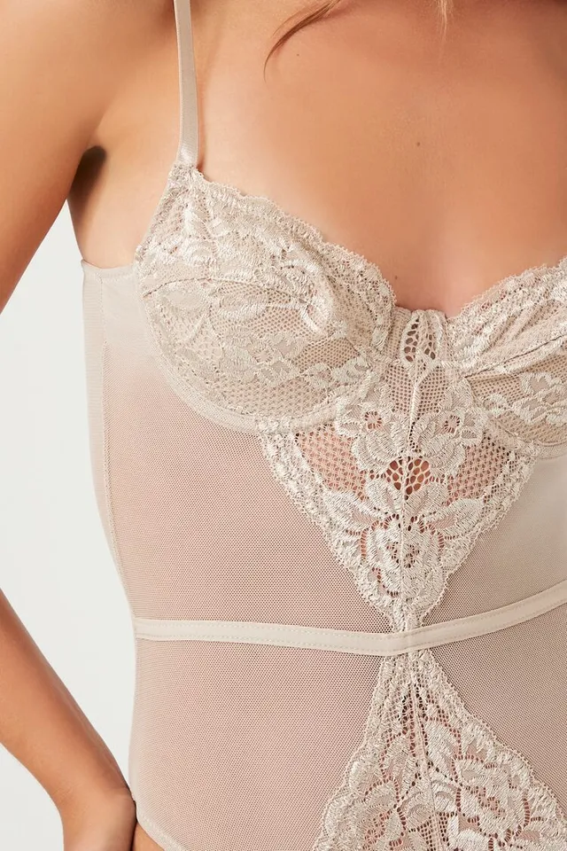 Forever 21 Women's Sheer Mesh Lingerie Bodysuit in Goat