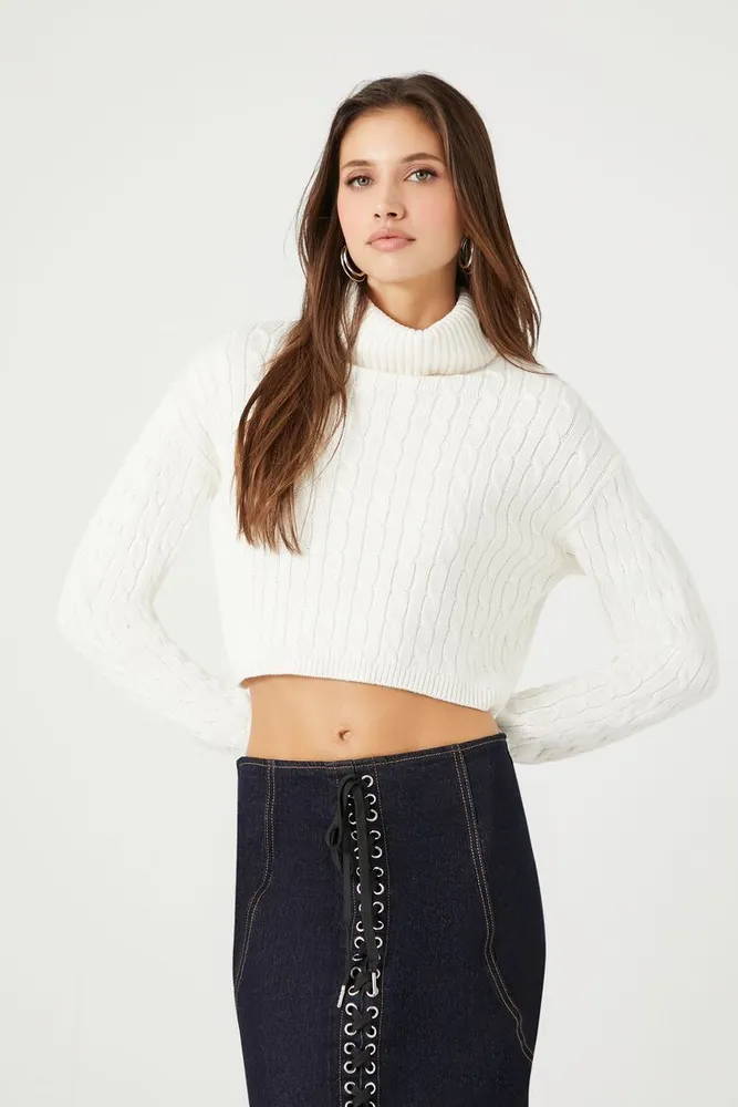 Forever 21 Women s Cable Knit Turtleneck Cropped Sweater in Ivory