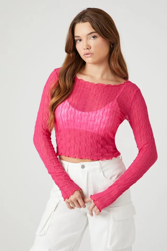 Forever 21 Women's Sheer Wavy Crop Top in Pink/Light Pink Medium