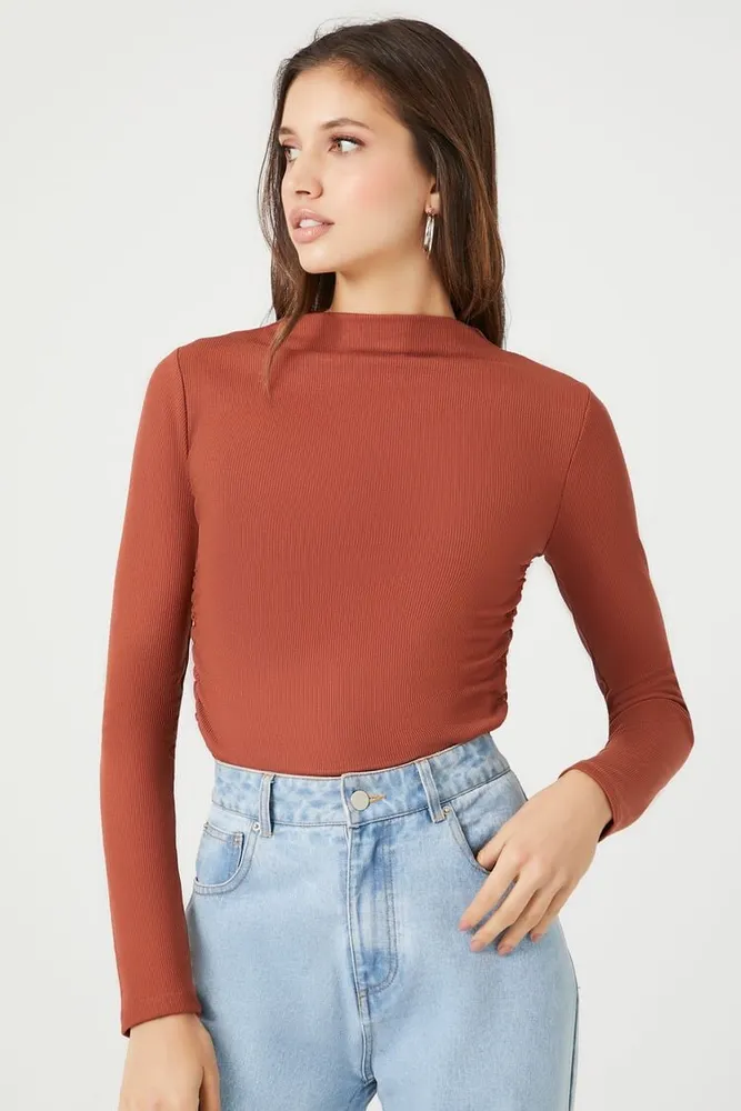 Forever 21 Women s Ruched Mock Neck Long Sleeve Top in Brown XS