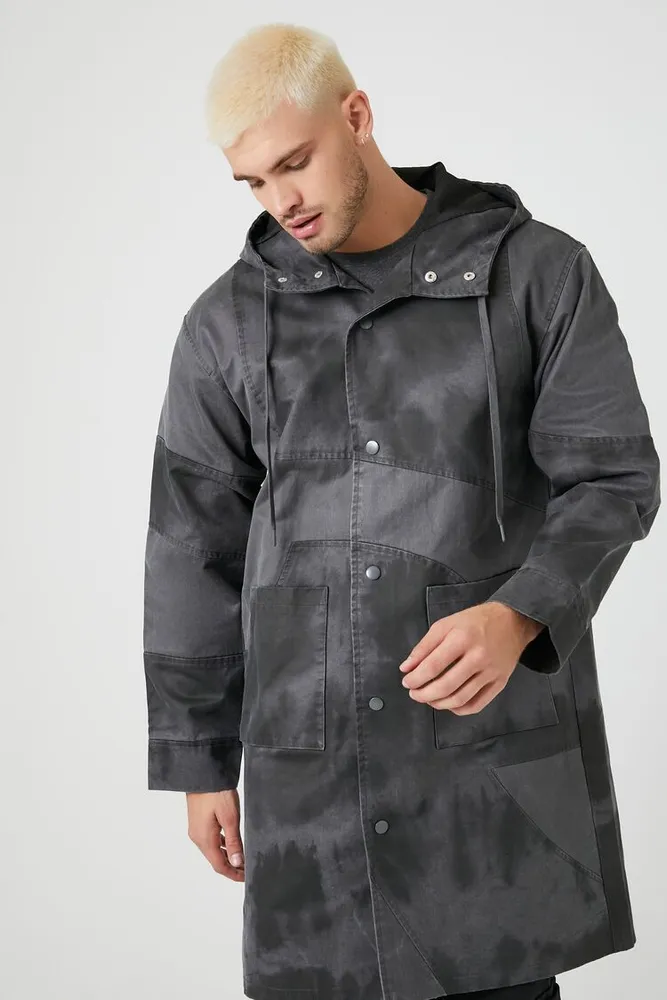 Forever 21 Men Hooded Tie-Dye Trench Coat in Dark Grey/Black Forever 21 Men Hooded Tie-Dye Trench Coat in Dark Grey/Black