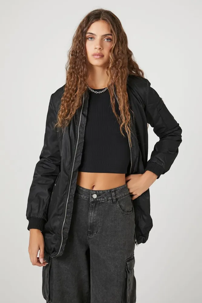 Black longline bomber jacket womens sale