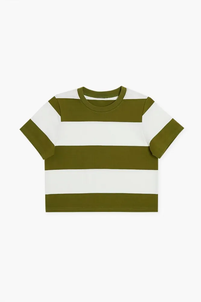 Forever 21 Girls Striped Crew T Shirt Kids in Olive White 13 14