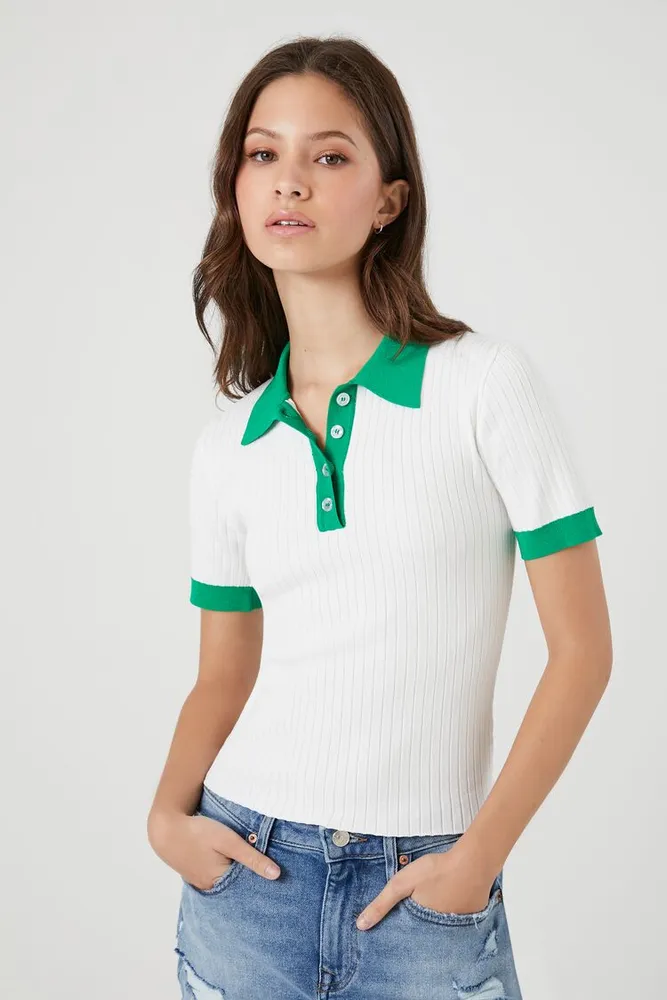 Forever 21 Women s Sweater Knit Polo Shirt in White Green XS