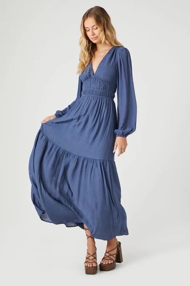 Forever 21 Women s Crepe Peasant Sleeve Maxi Dress in Navy Small