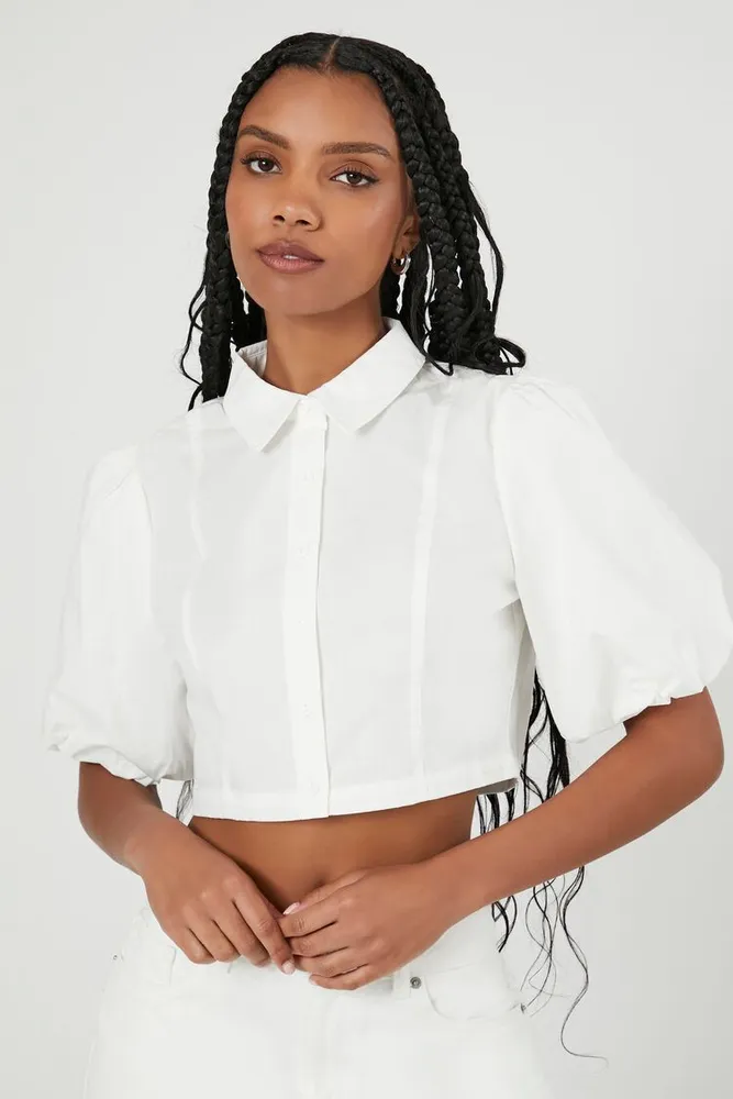 Forever 21 Women s Cropped Puff Sleeve Shirt in White XL