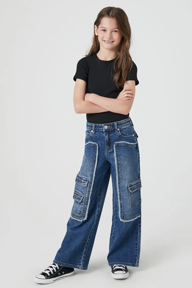 Forever 21 Girls Frayed Cargo Jeans Kids in Dark Denim 5 6
