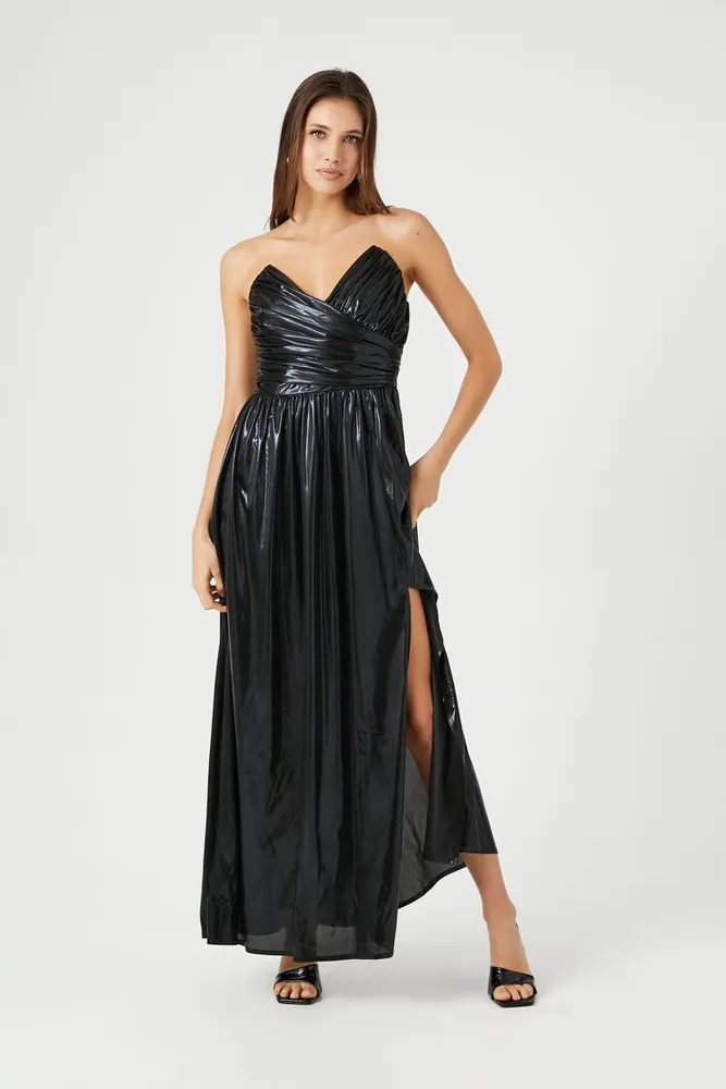 Forever 21 Women s Metallic Ruched Strapless Midi Dress in Black