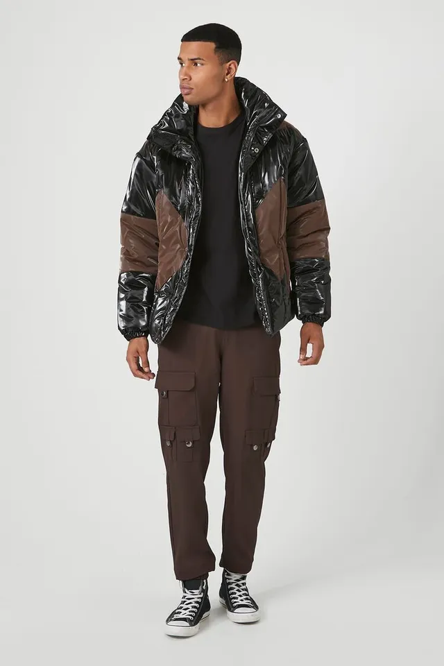 Faux patent leather puffer jacket on sale