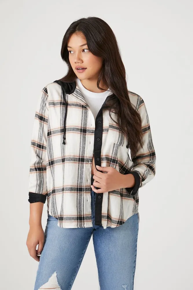 Forever 21 Women s Hooded Flannel Shirt in White Large